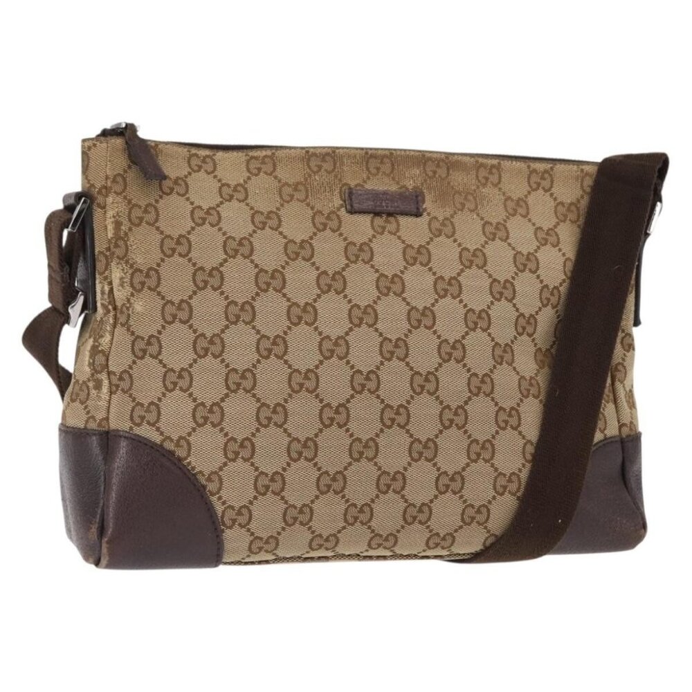 Authentic GUCCI GG Canvas Shoulder Bag Beige Silver 114273